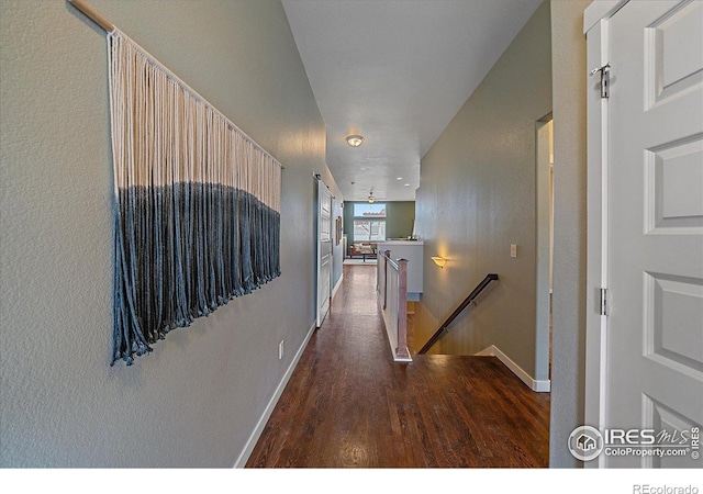 hallway with dark hardwood / wood-style flooring