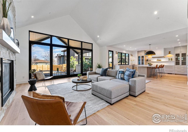 living room with a fireplace, high vaulted ceiling, and light hardwood / wood-style flooring