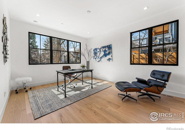 home office featuring light hardwood / wood-style floors