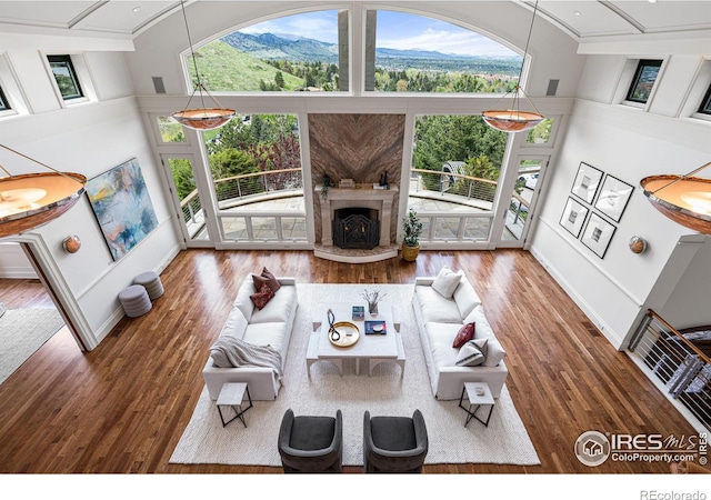 living room with a high ceiling, wood-type flooring, a mountain view, and a high end fireplace