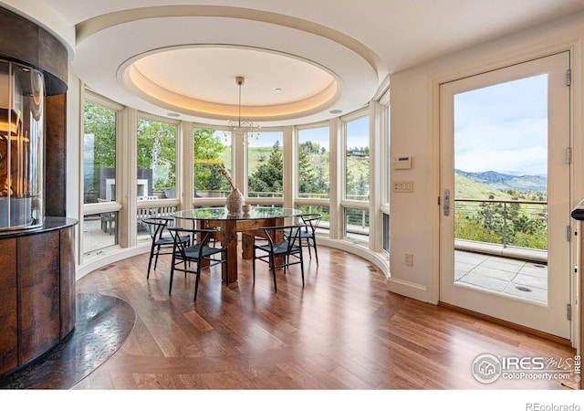 dining room with a mountain view, wood-type flooring, a raised ceiling, and a healthy amount of sunlight