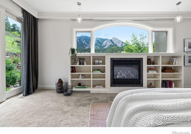 carpeted bedroom with crown molding and a mountain view