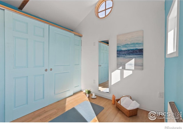 entryway with vaulted ceiling and light hardwood / wood-style floors