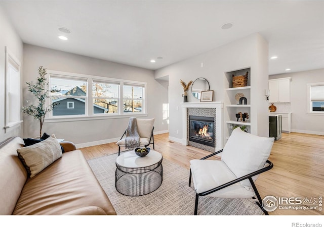 living room with built in shelves and light hardwood / wood-style flooring