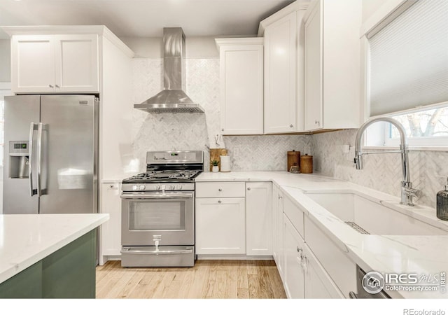 kitchen with white cabinetry, sink, backsplash, stainless steel appliances, and wall chimney range hood