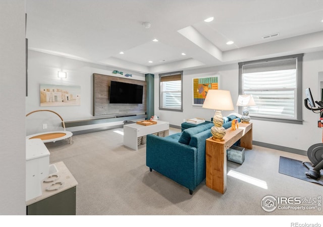 carpeted living room featuring a raised ceiling