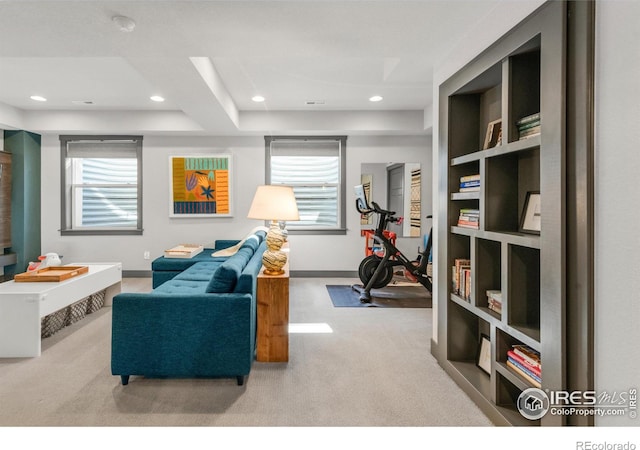 carpeted living room featuring built in features