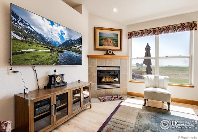 living room with a fireplace, vaulted ceiling, and light hardwood / wood-style flooring