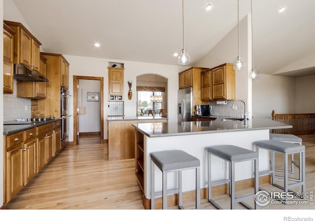 kitchen featuring lofted ceiling, sink, stainless steel appliances, decorative backsplash, and kitchen peninsula