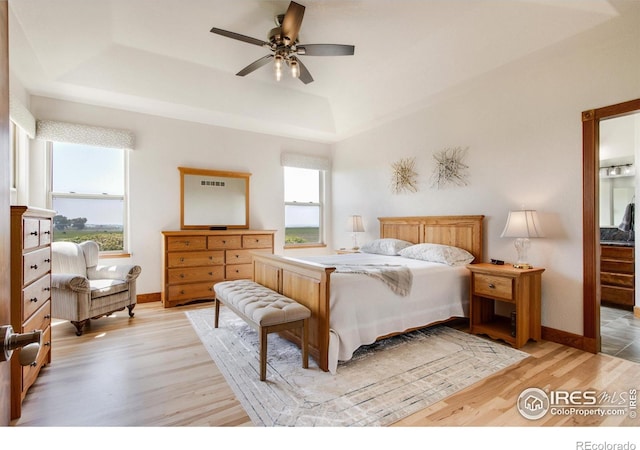 bedroom featuring multiple windows, a tray ceiling, light hardwood / wood-style floors, and ceiling fan