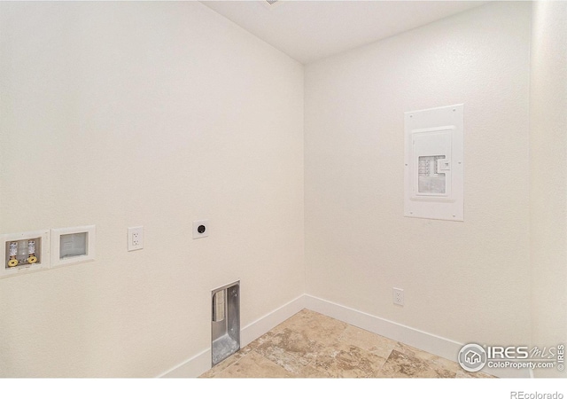 laundry room featuring electric panel, hookup for a washing machine, and electric dryer hookup