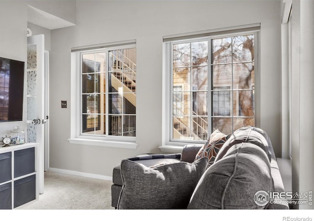 sitting room with a healthy amount of sunlight and carpet flooring