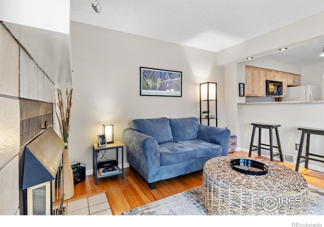 living room featuring light hardwood / wood-style floors and a textured ceiling