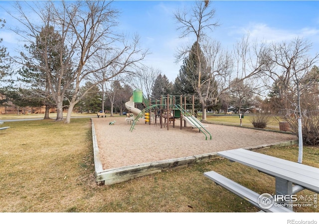 view of jungle gym with a yard