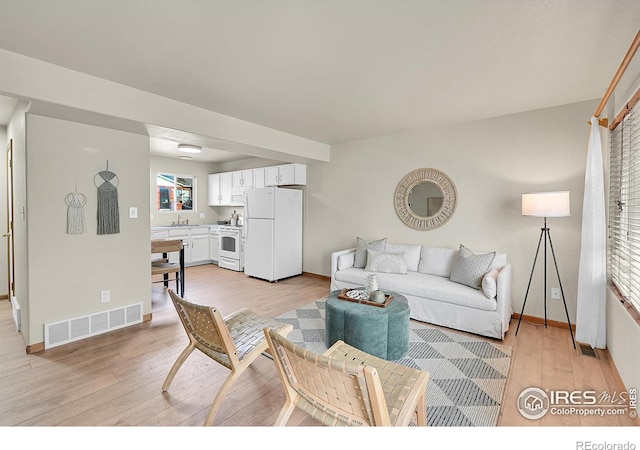 living room featuring sink and light hardwood / wood-style flooring