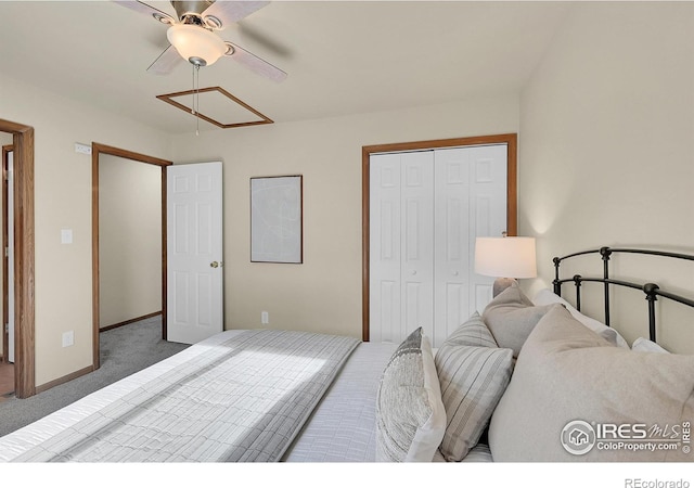 bedroom featuring ceiling fan, carpet, and a closet