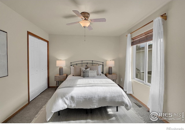 carpeted bedroom featuring ceiling fan and a closet