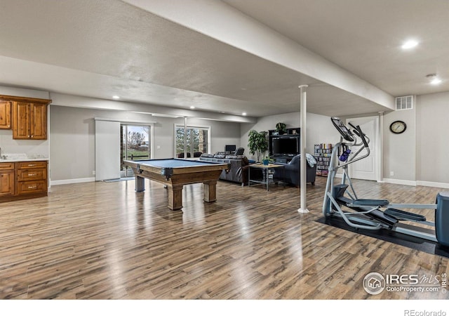 playroom featuring wood-type flooring and billiards