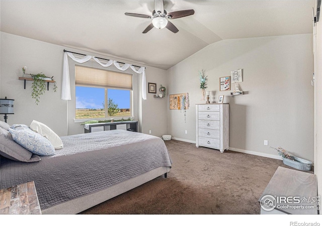 carpeted bedroom with vaulted ceiling and ceiling fan