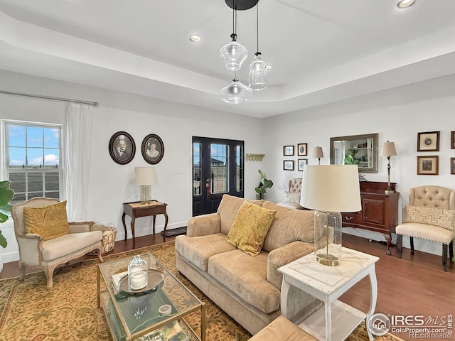 living room featuring a raised ceiling and hardwood / wood-style flooring