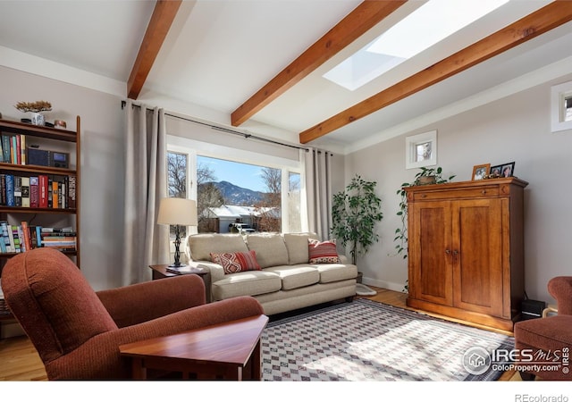 living room featuring lofted ceiling with skylight, a mountain view, and light hardwood / wood-style floors