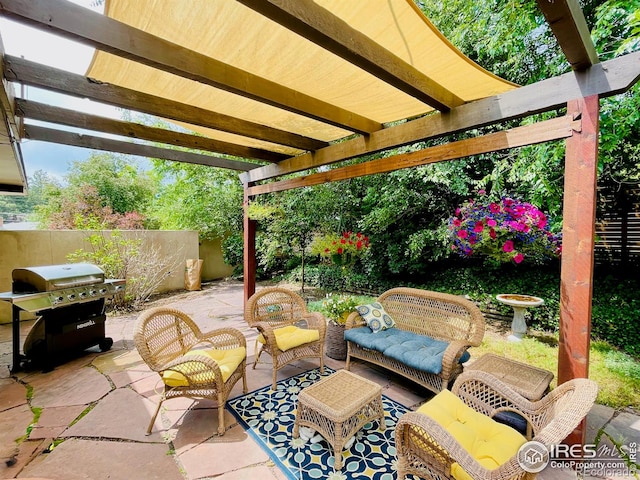 view of patio / terrace featuring an outdoor living space, grilling area, and a pergola