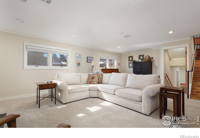 living room with light colored carpet