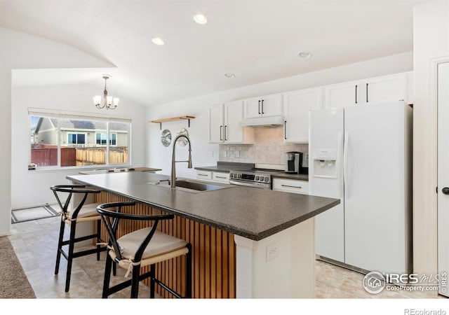 1484 First Light Dr, Windsor, CO 80550 - kitchen featuring white refrigerator with ice dispenser, dark countertops, vaulted ceiling, white cabinetry, and stainless steel electric range