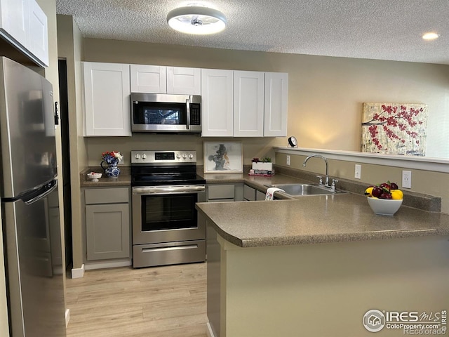 kitchen with sink, appliances with stainless steel finishes, white cabinetry, kitchen peninsula, and light wood-type flooring