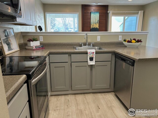 kitchen featuring gray cabinets, appliances with stainless steel finishes, sink, kitchen peninsula, and light hardwood / wood-style flooring