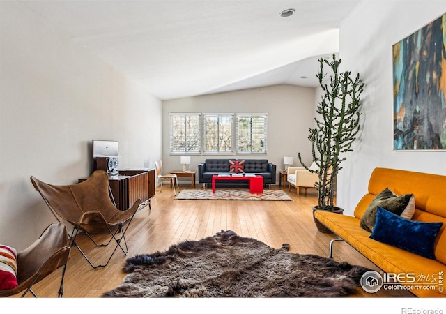 living room featuring hardwood / wood-style flooring and vaulted ceiling