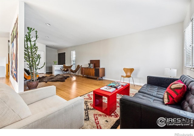 living room featuring vaulted ceiling, a healthy amount of sunlight, and hardwood / wood-style floors