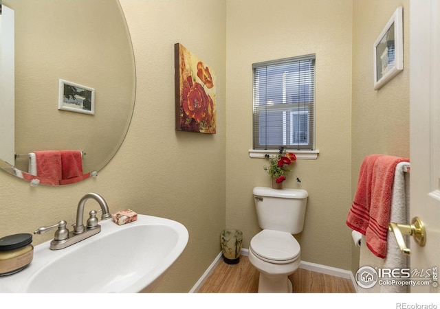 bathroom with wood-type flooring, sink, and toilet