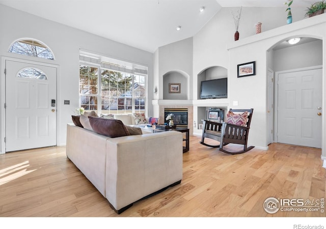 living room featuring high vaulted ceiling and light hardwood / wood-style flooring