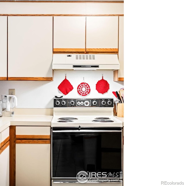 kitchen featuring electric stove, ventilation hood, and white cabinets