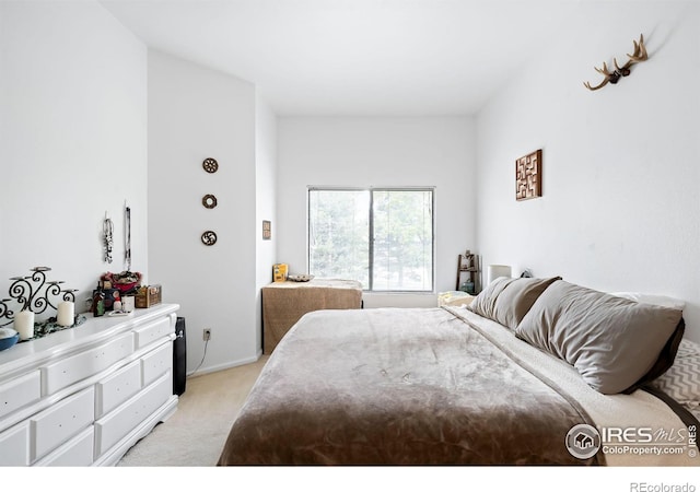 bedroom with light colored carpet