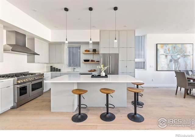 kitchen featuring high quality appliances, sink, a kitchen bar, and wall chimney exhaust hood