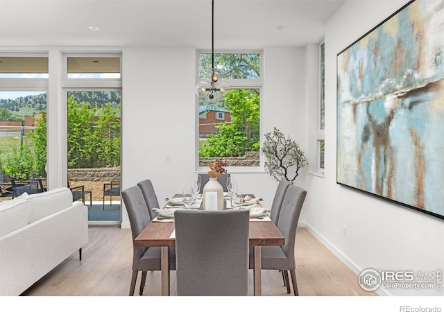 dining space featuring an inviting chandelier, floor to ceiling windows, and light hardwood / wood-style flooring