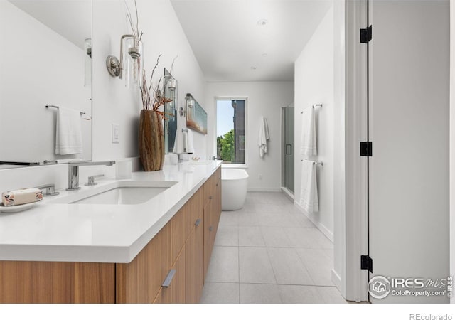 bathroom featuring vanity, separate shower and tub, and tile patterned flooring