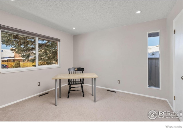 office space featuring baseboards and light colored carpet