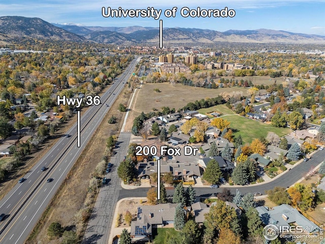 drone / aerial view featuring a residential view and a mountain view