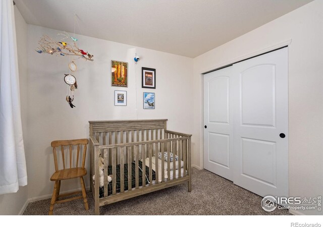 bedroom with a crib, carpet flooring, and a closet