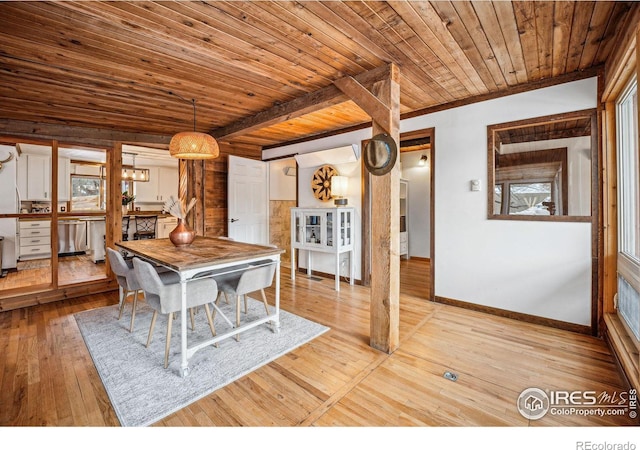 unfurnished dining area with ornamental molding, light hardwood / wood-style flooring, and wooden ceiling