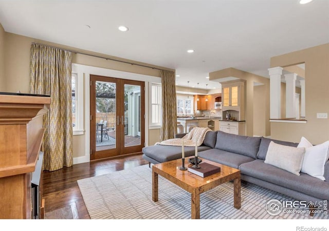 living room with sink, dark wood-type flooring, and french doors