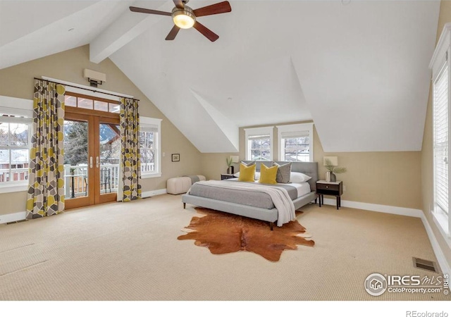 carpeted bedroom with lofted ceiling with beams, access to outside, ceiling fan, and french doors