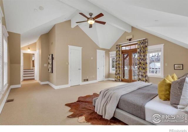 carpeted bedroom featuring french doors, ceiling fan, and vaulted ceiling with beams