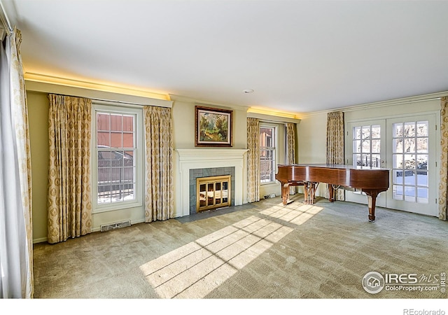 miscellaneous room with plenty of natural light, light colored carpet, and a fireplace