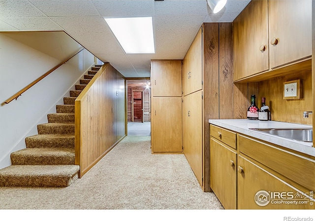 kitchen featuring sink, light colored carpet, and wood walls