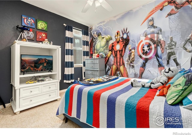 bedroom featuring ceiling fan and carpet flooring