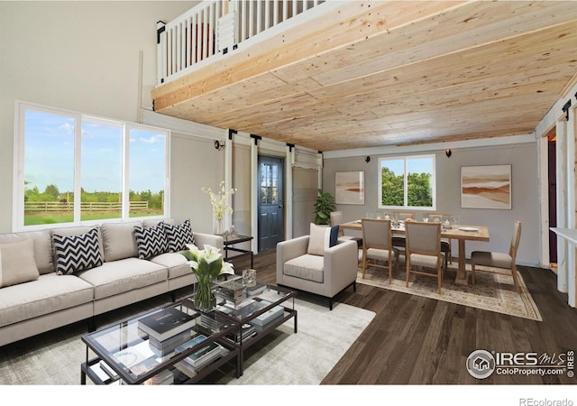 living room featuring a towering ceiling, hardwood / wood-style floors, and wooden ceiling